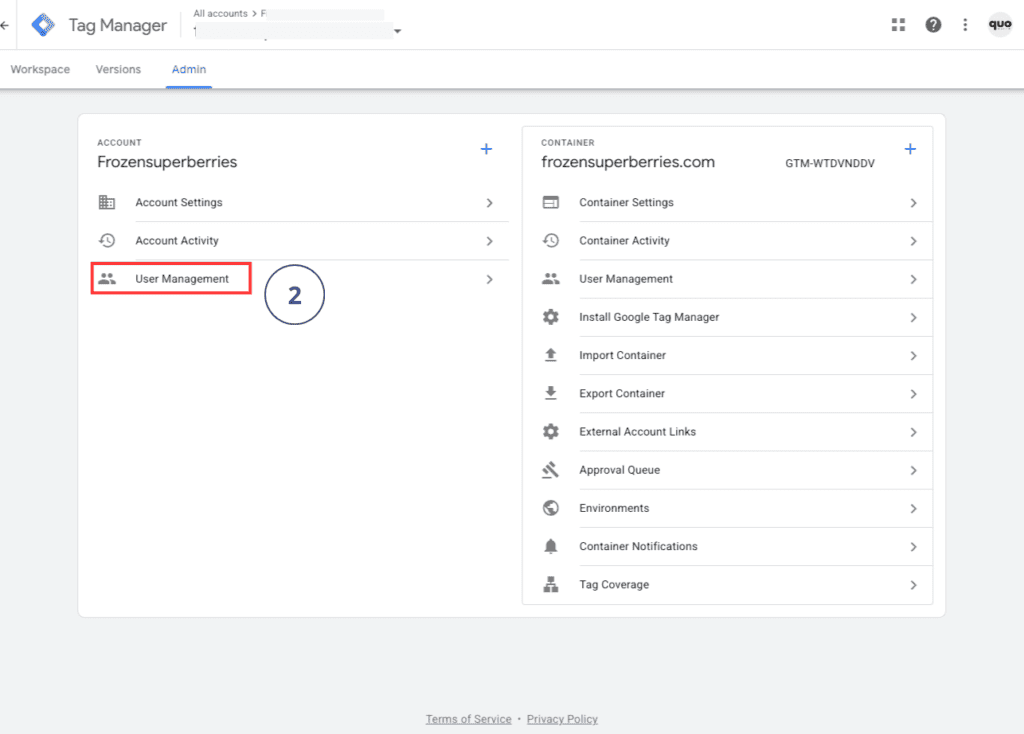 Ekrānuzņēmums ar Google Tag Manager lietotāja pievienošanas instrukciju.