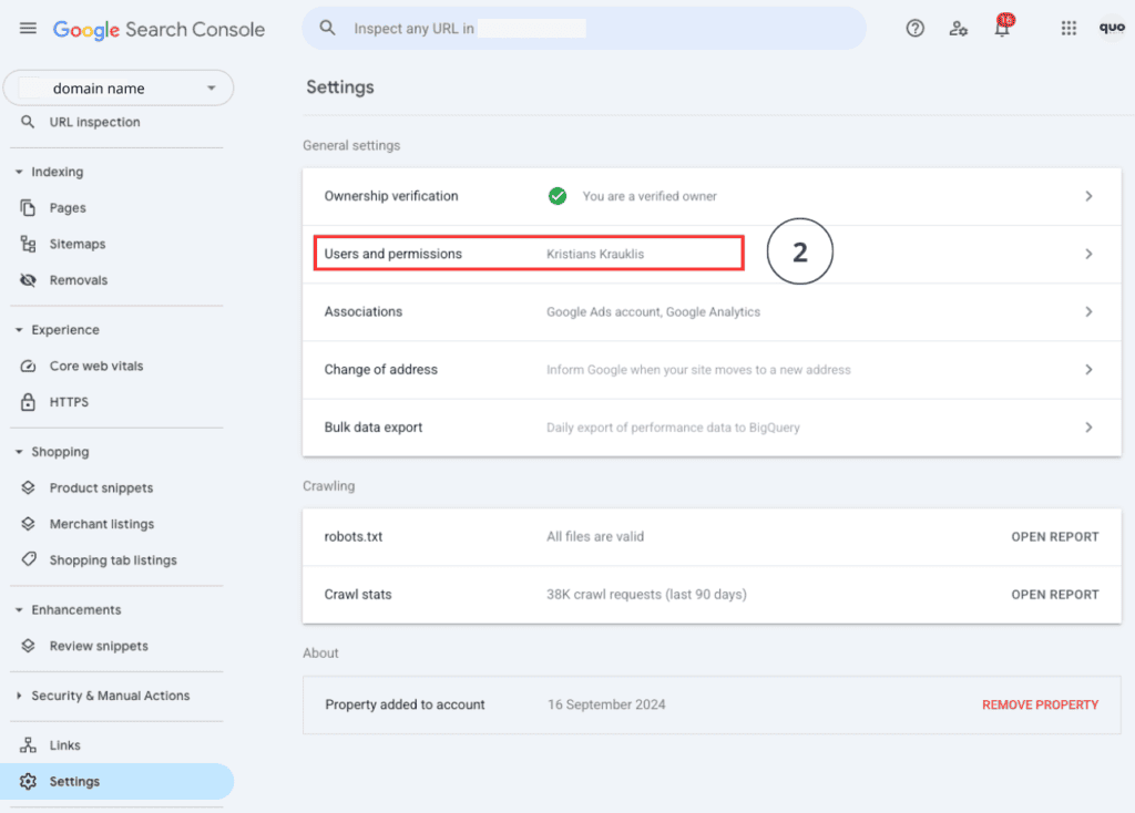 Google Search Console lietotāju pievienošanas ekrāns ar "Users and permissions" sadaļu.