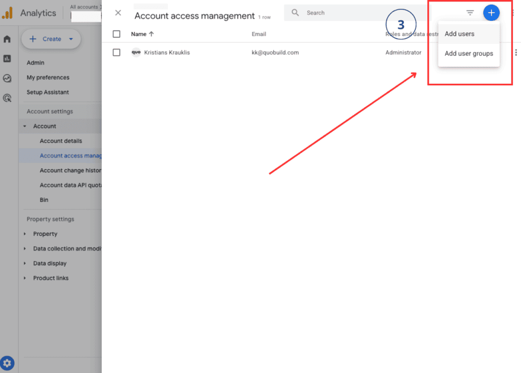 Ekrānuzņēmums ar Google Analytics lietotāju pievienošanas procesu, izvēloties "Pievienot lietotāju g.