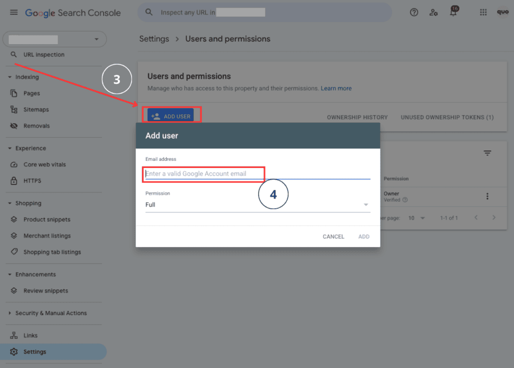 Google Search Console lietotāja pievienošanas instrukcija ar ekrānuzņēmumu.