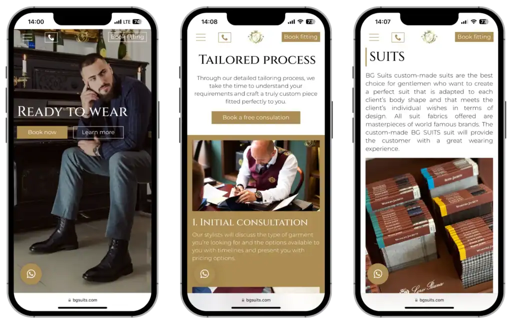 BG Suits Website development UI UX design Analytics setup quo build portfolio phone view