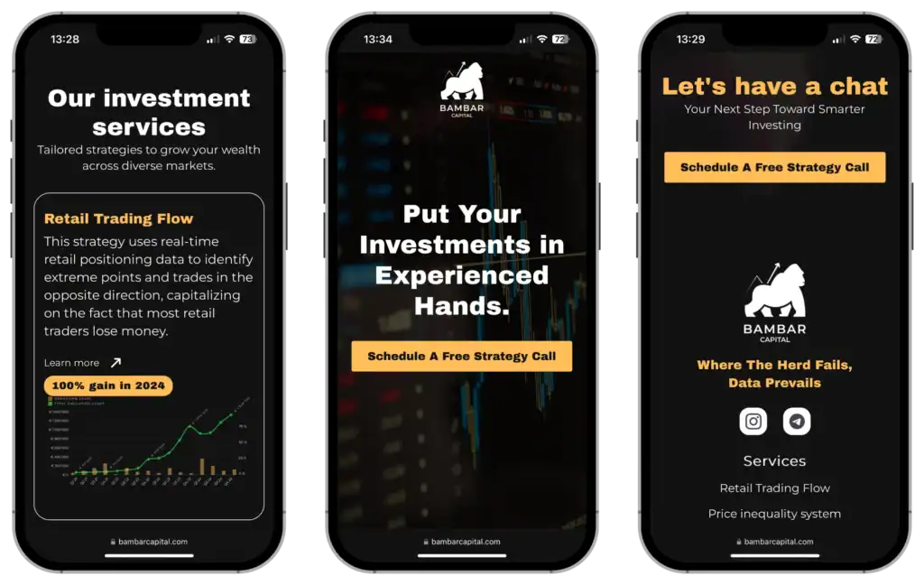 Bambar Capital UI UX design Website development Strategy development quo build portfolio phone view