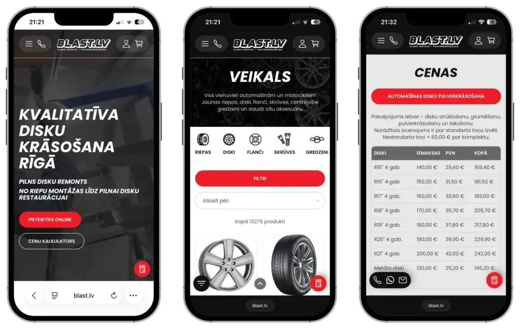 Blast UI UX design Custom development API integrations SEO optimisation quo build portfolio phone view