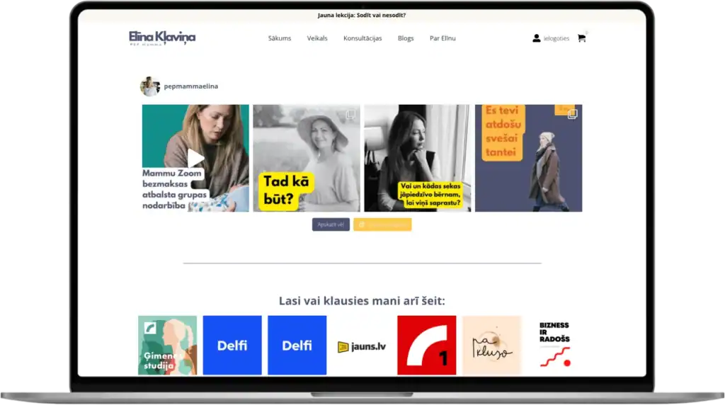 Elīna Kļaviņa PEP mamma Online course website UI UX design Analytics setup quo build portfolio desktop view 2