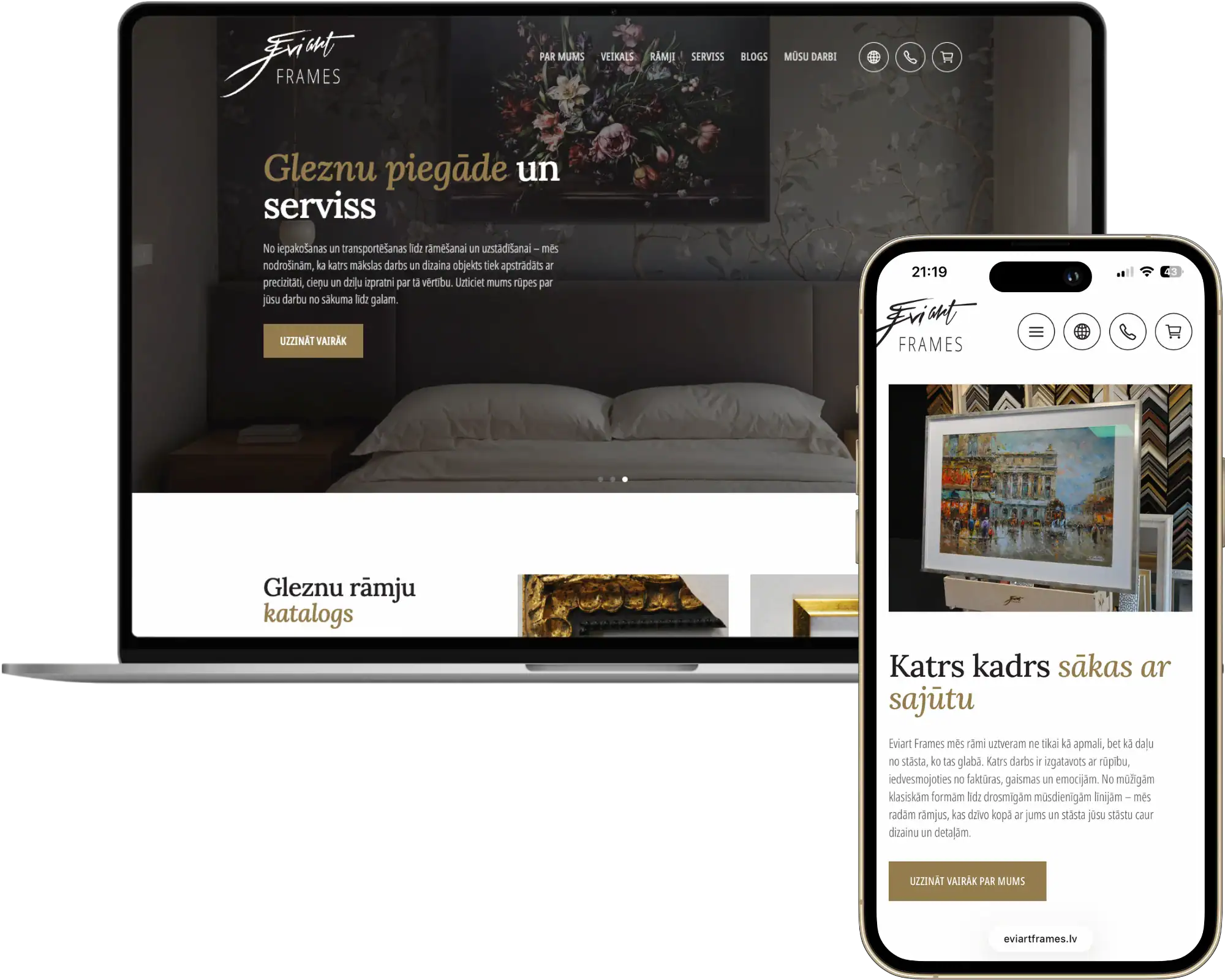 Eviart frames UI UX design Custom development Strategy SEO optimisation quo build portfolio desktop phone view