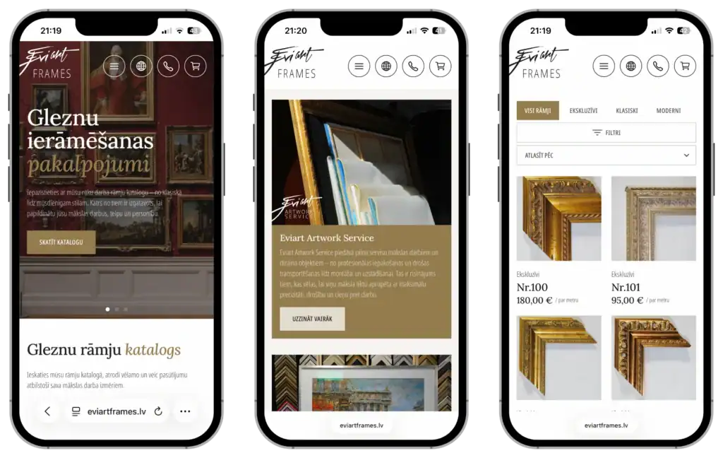 Eviart frames UI UX design Custom development Strategy SEO optimisation quo build portfolio phone view