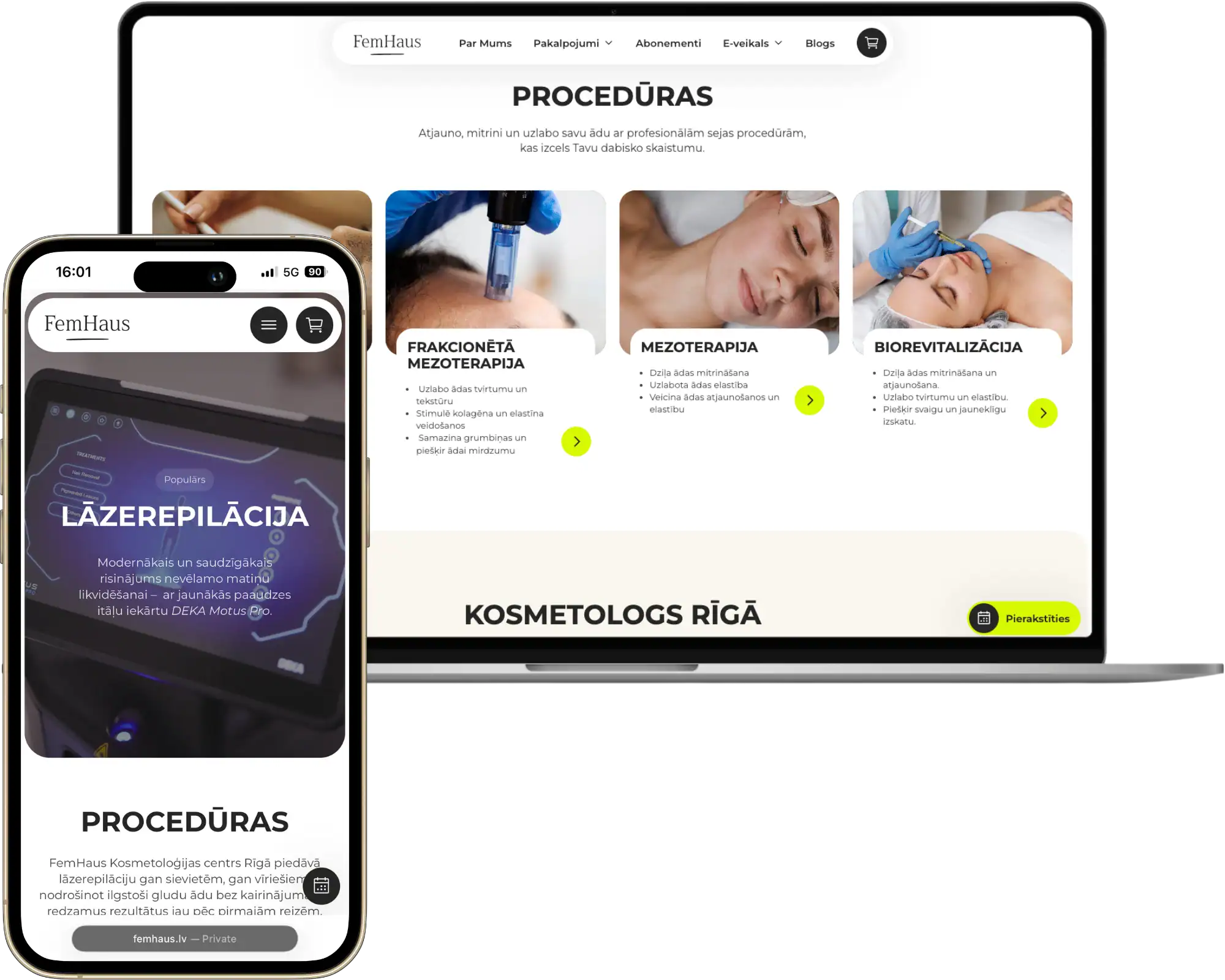 FemHaus UI UX design Custom service pages Mobile first SEO optimisation quo build portfolio desktop phone view