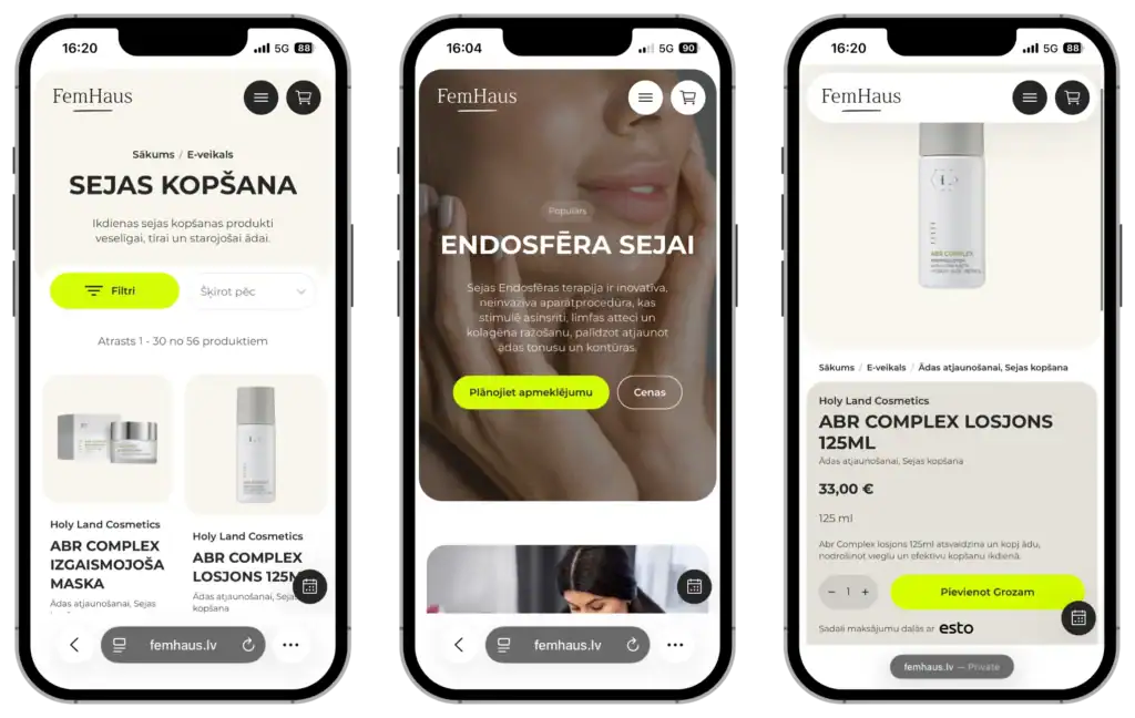 FemHaus UI UX design Custom service pages Mobile first SEO optimisation quo build portfolio phone view