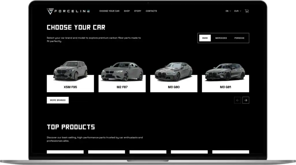 Forceline UI UX design Custom online store SEO optimisation quo build portfolio desktop view