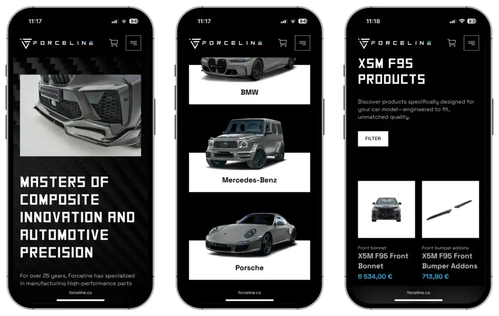 Forceline UI UX design Custom online store SEO optimisation quo build portfolio phone view