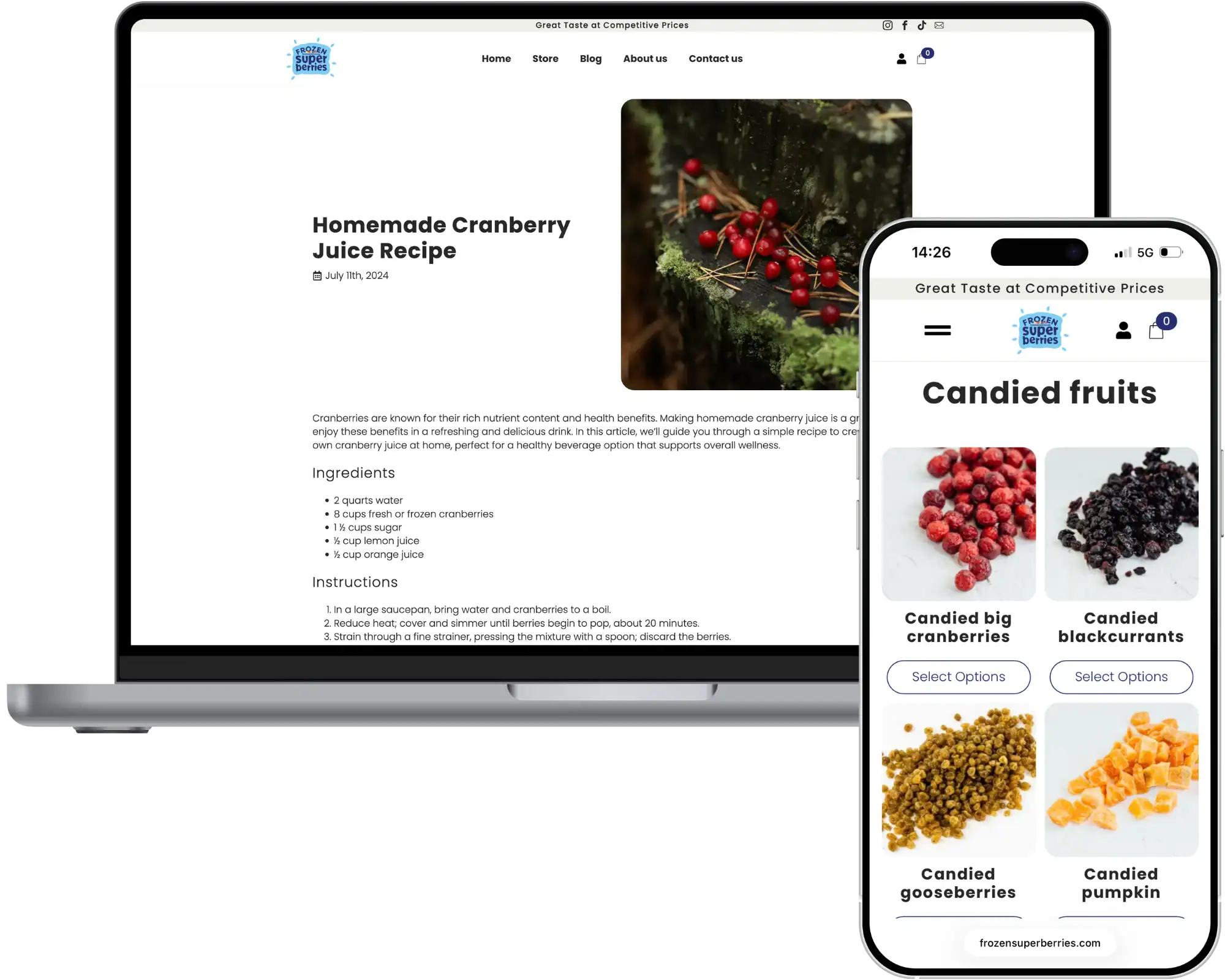 Frozensuperberries Online store development Website development SEO optimisation UI UX design quo build portfolio desktop phone view