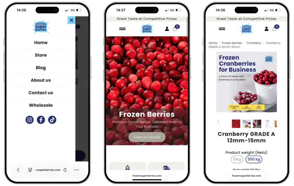 Frozensuperberries Online store development Website development SEO optimisation UI UX design quo build portfolio phone view
