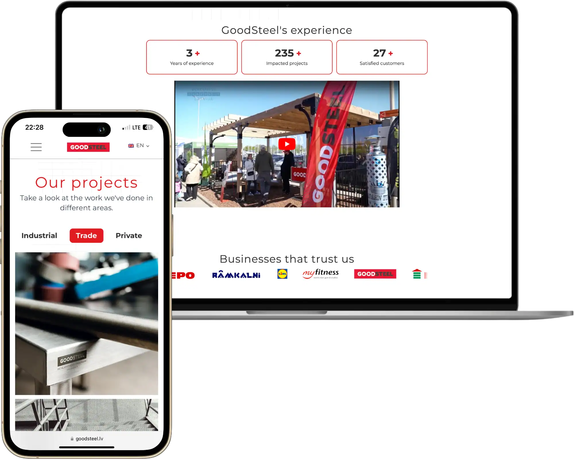 Good Steel Website development UI UX design Strategy development quo build portfolio desktop phone view