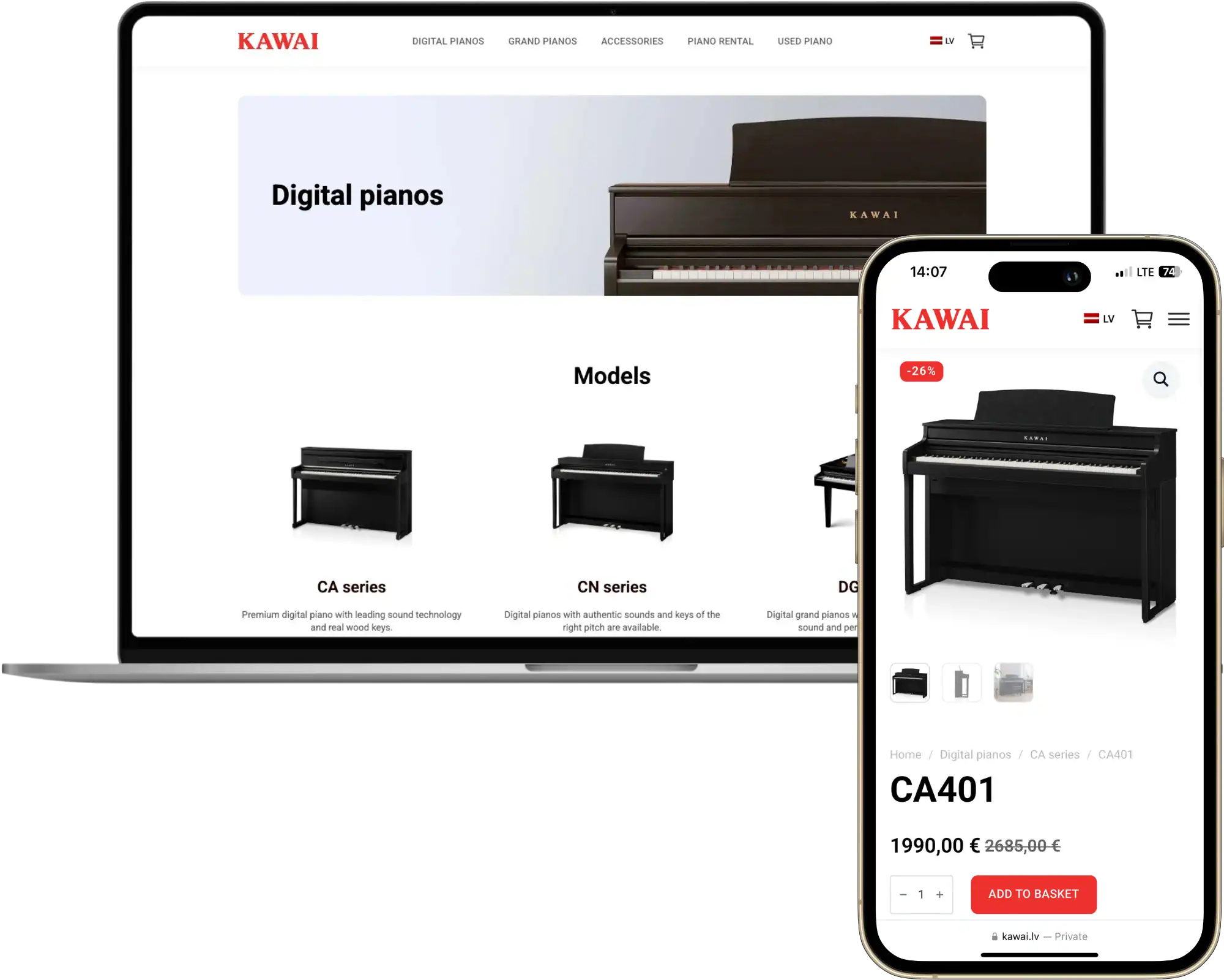 Kawai Latvia Online store development UI UX design Strategy development quo build portfolio desktop phone view