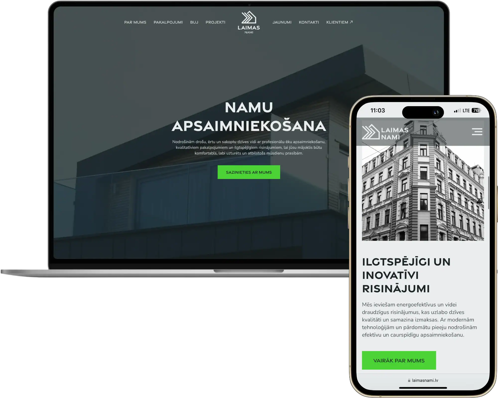 Laimas Nami Website development UI UX design Custom structure quo build portfolio desktop phone view