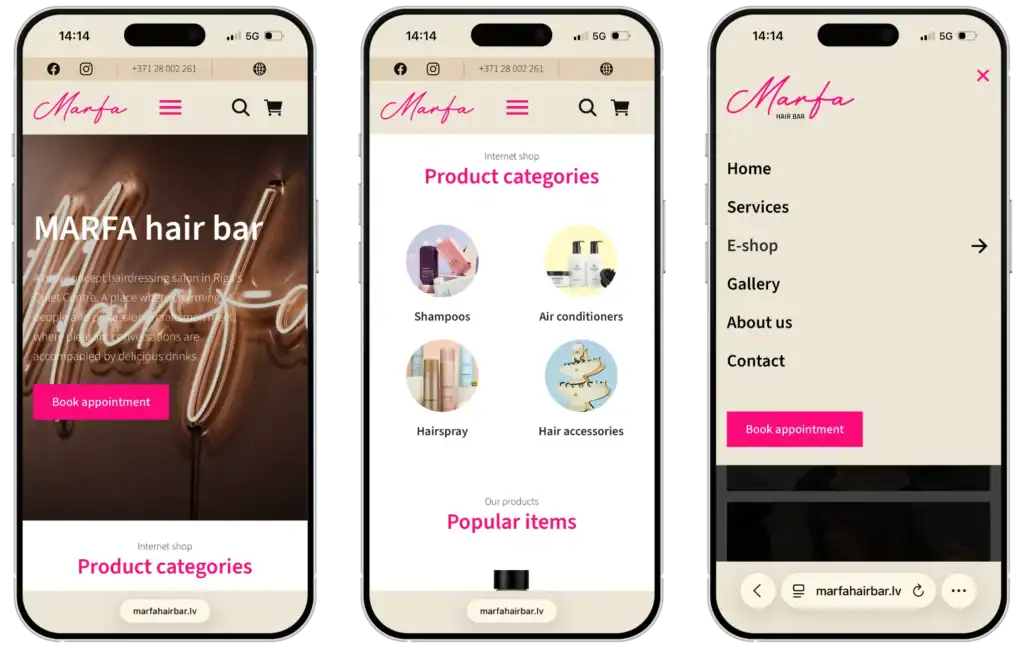 MARFA hair bar Website development UI UX design Online booking system quo build portfolio phone view