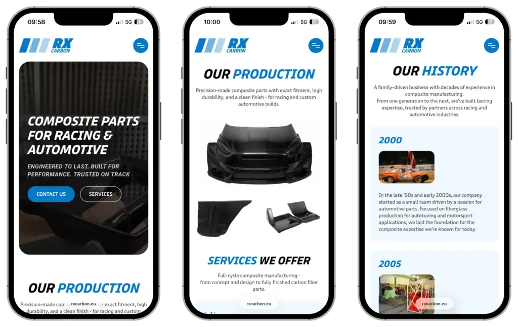 RX Carbon UI UX design Website development SEO optimisation quo build portfolio phone view