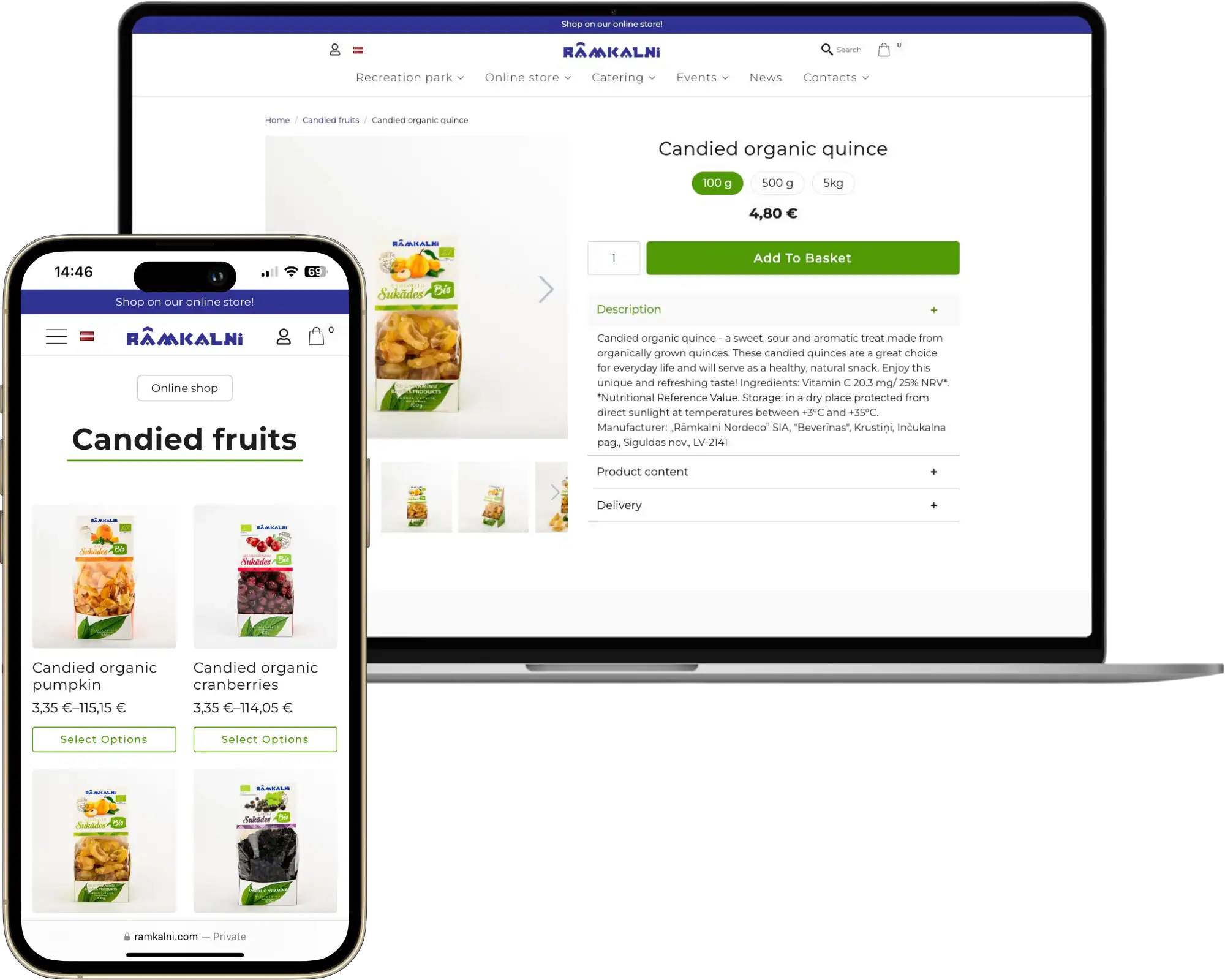 Rāmkalni Custom online store UI UX design Custom integrations quo build portfolio desktop phone view