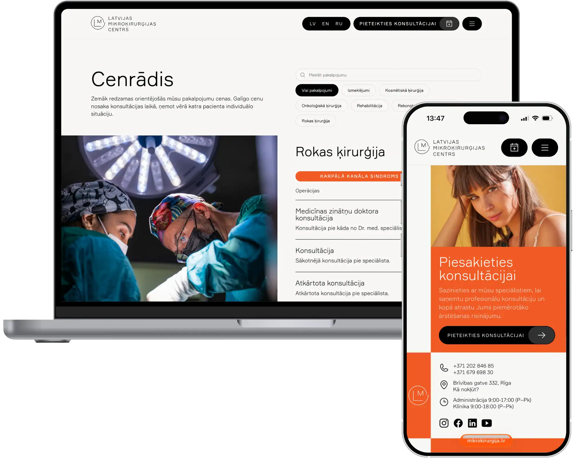 LMC Latvijas Mikroķirurģijas Centrs UI UX design Website development SEO migration Custom integrations quo build portfolio desktop mobile view